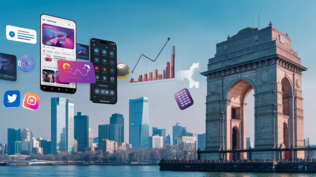 Collage showing the growth of digital marketing in India with smartphones, social media icons, data analytics charts, and the iconic India Gate monument. This image represents the fusion of technology, mobile applications, and social media platforms shaping India's digital marketing landscape.