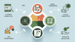 Infographic depicting the six pillars of digital marketing: SEO, Content Marketing, Social Media Marketing, PPC Advertising, Email Marketing, and Affiliate Marketing. The pillars are connected with arrows to illustrate how they work together as part of a comprehensive digital marketing strategy. The design uses a modern, minimalist style with icons and a clean color palette of blue, green, and orange.